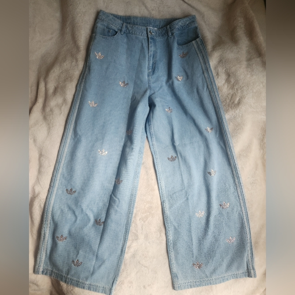 Adidas Rhinestone denim pants Glittery Logo Rhinestones Clear Blue. PANTS ONLY!! - Picture 14 of 16